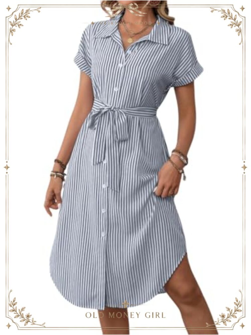 Striped Button Down Shirt Dress Belted Cotton Midi Beach Casual